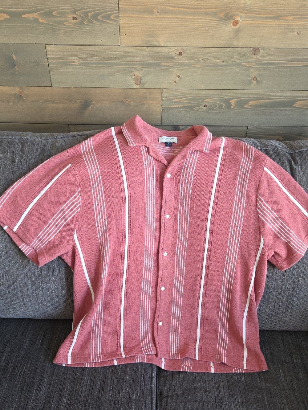 American Eagle Outfitters Coral Pink Striped Short-Sleeve Button-Down Shirt